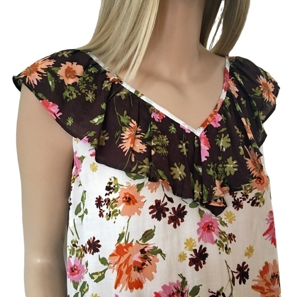 Nordstrom DR2 Rayon Top Shirt Blouse Ruffles Fluttery Floral Keyhole Tie Bow - Picture 3 of 12